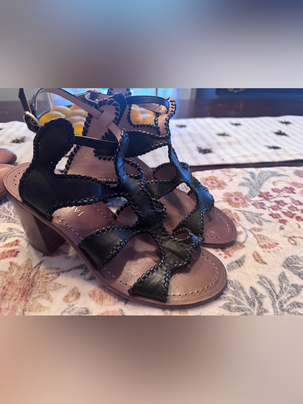 Jack Rogers Black Leather Scalloped Strappy Sandals